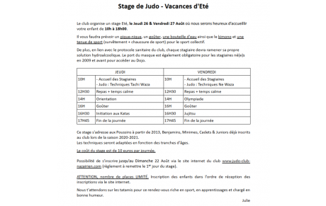 Stage des Vacances d'été - 26 &amp; 27 Août 2021